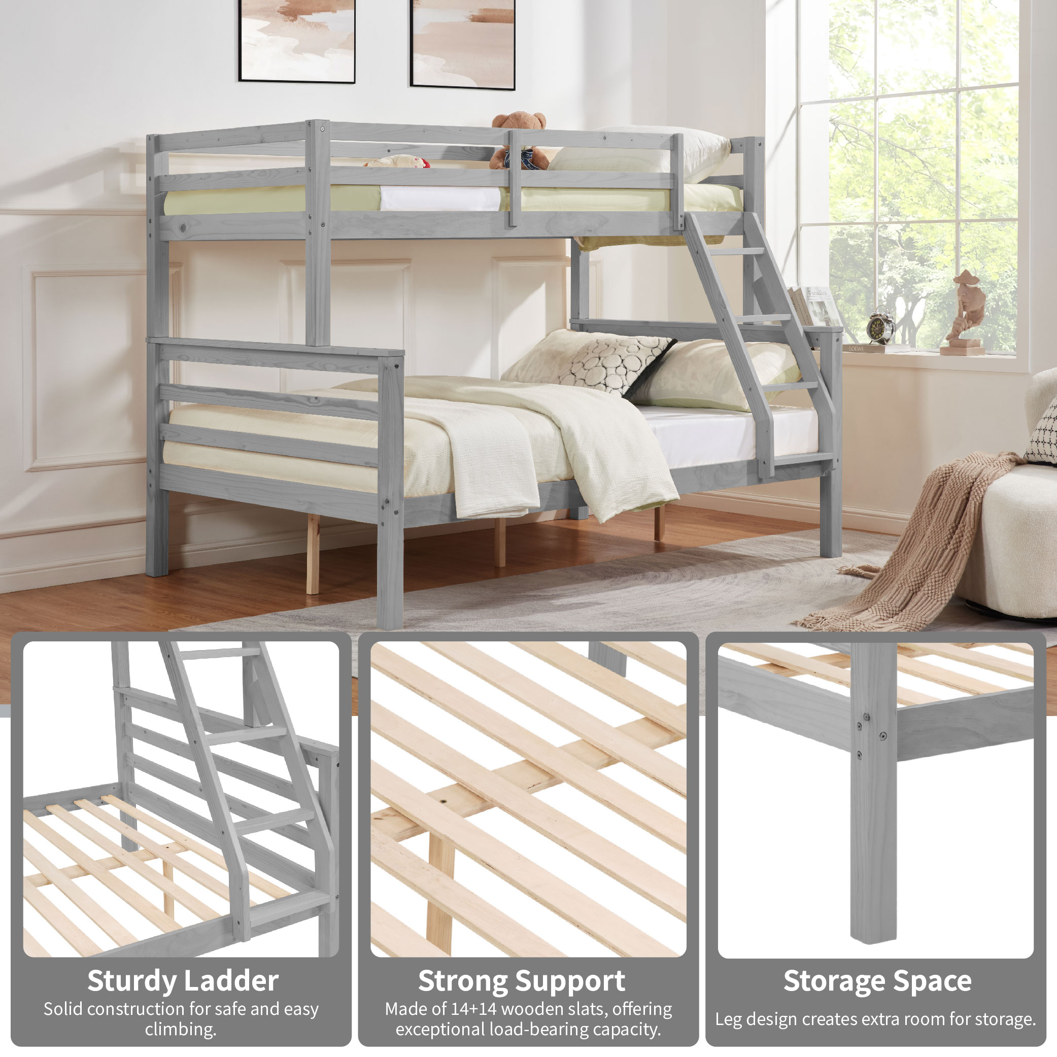 Twin over Full Bunk Bed with Thick Posts,Wooden Bunk Bed with High Guardrail and Ladder for Kids, Teens, Dorm Rooms, and Guest Rooms,No Box Spring Needed,Grey Twin over Full Bunk Bed with Thick Posts,Wooden Bunk Bed with High Guardrail and Ladder for Kids, Teens, Dorm Rooms, and Guest Rooms,No Box Spring Needed,Grey
